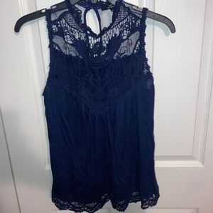 Navy Lace High Neck Sleeveless Dress shirt